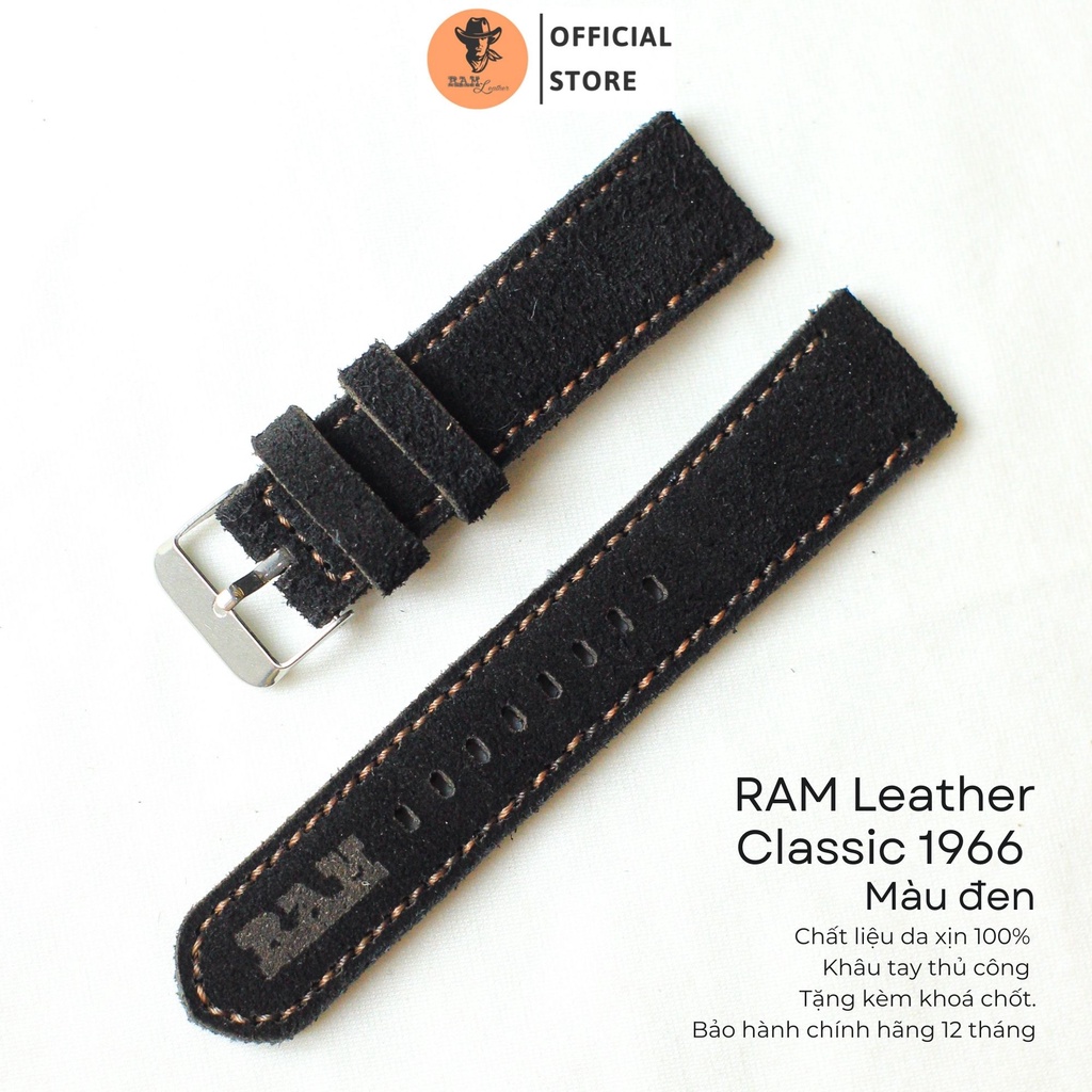 Dây Đồng Hồ Da Thật RAM Leather 1966 Da Bò Lộn Đen Bền Đẹp