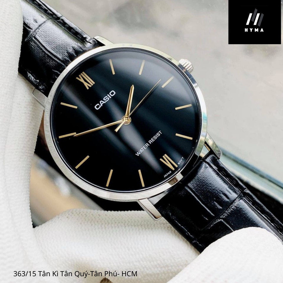 Đồng hồ nam nữ dây da Casio VT01L Mặt đen chống nước 3ATM Bảo hành 1 năm Hyma watch