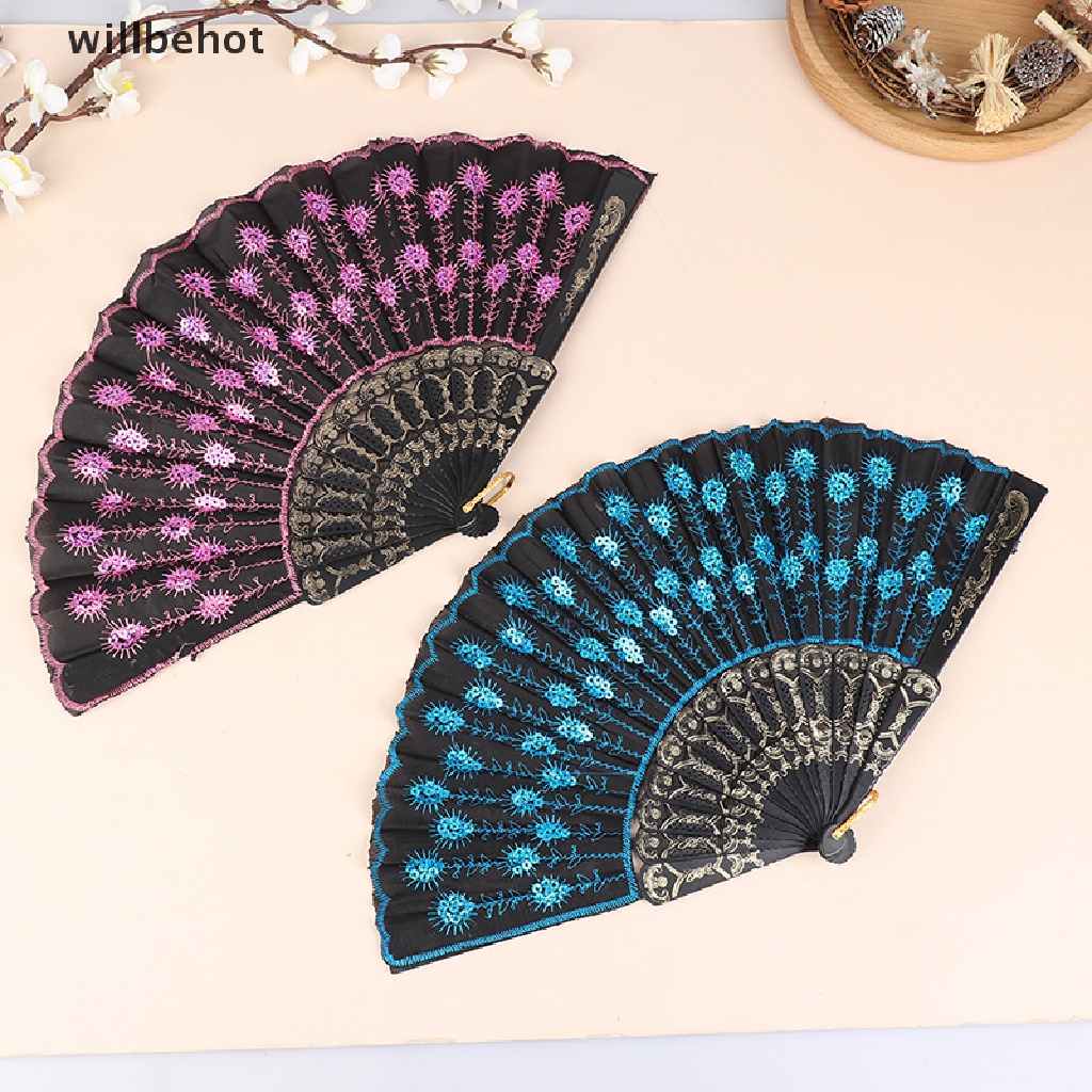 Quạt Xếp Cầm Tay Bằng Lụa Đính Kim Sa Hình Chim Công Nghệ Thuật Làm Quà Cưới