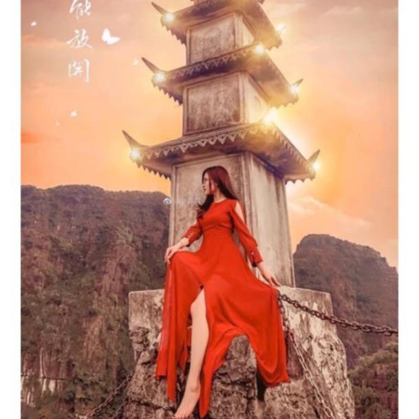 (free chỉnh sửa váy) maxi von tay dài xẻ tà hai bên hở chân dự tiệc du lịch đi biển cao cấp new