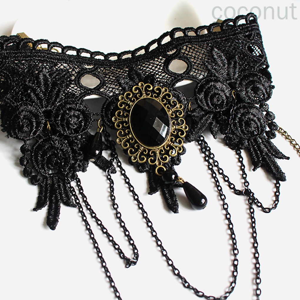 Vòng cổ choker bằng kim loại màu đen phối ren hoa tua rua thời trang cho nữ