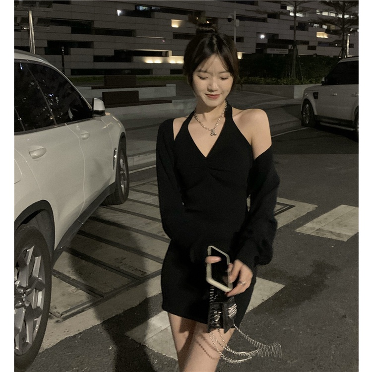 Cocory vn Đầm Mini Màu Đen Cổ Yếm Quyến Rũ Hợp Thời Trang Cho Nữ