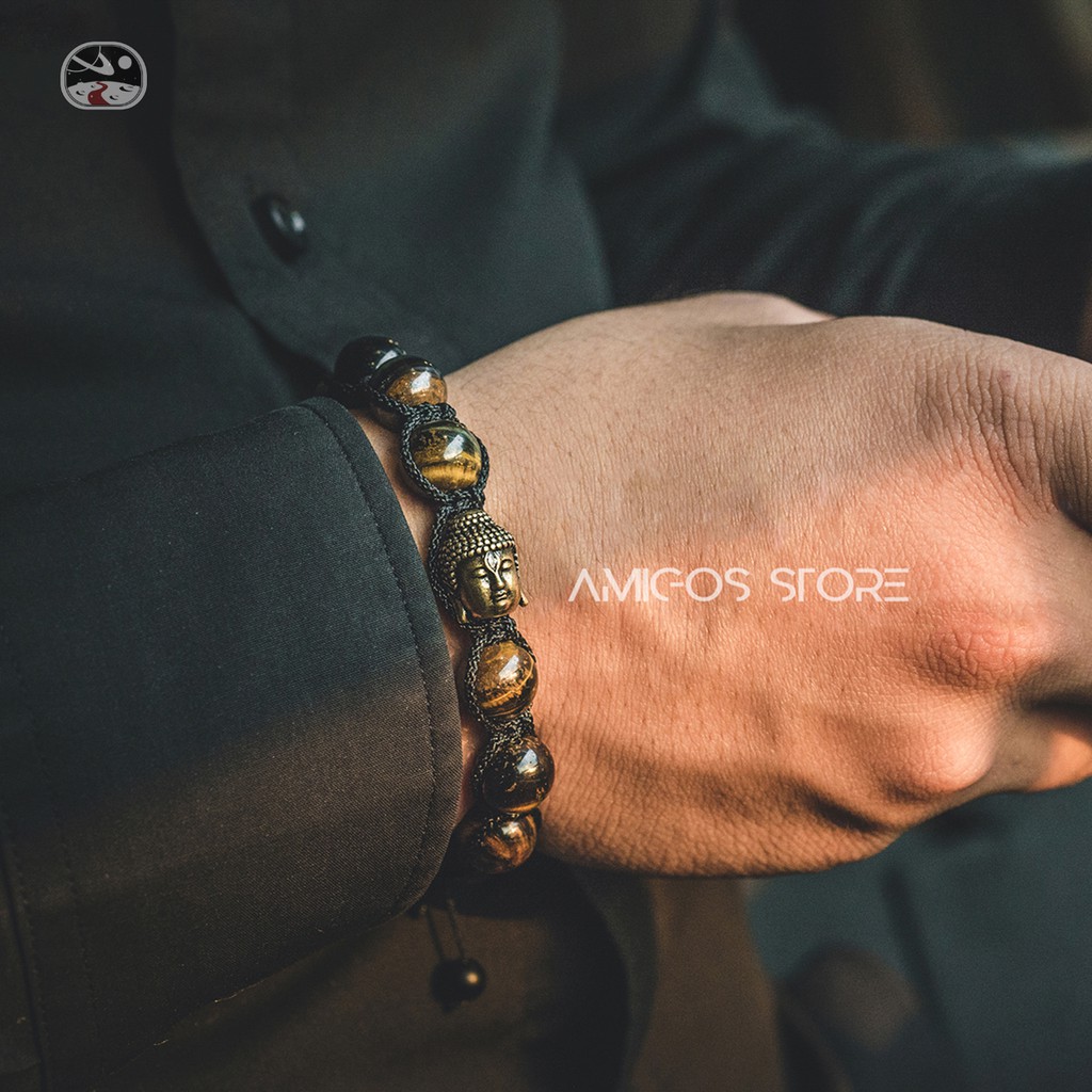 Vòng phong thủy handmade mix đá mắt hổ vàng + charm Thích Ca Bằng Đồng