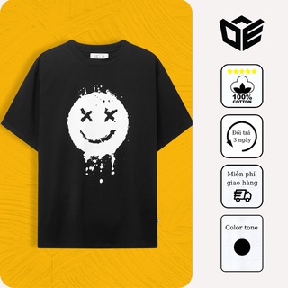 Áo thun tay lỡ nam nữ form rộng oversized hình in mặt cười có màu đen chất cotton thương hiệu DE81