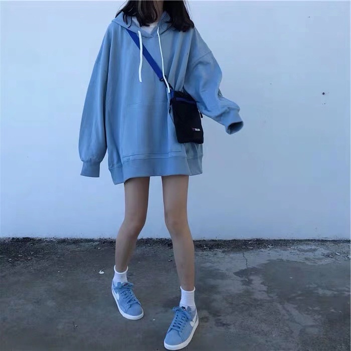 DUNEA Áo sweater dáng lửng rộng có mũ dài tay màu trơn thời trang Hàn Quốc cho nữ sinh