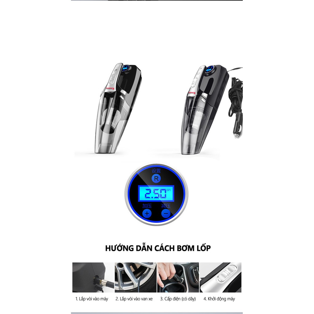 Máy hút bụi kiêm bơm lốp ô tô RUNDONG R-6055| 4 in 1 thiết kế hiện đại