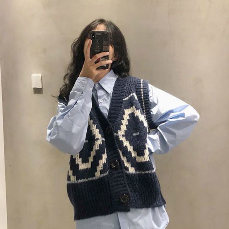 Set Áo Sơ Mi Tay Dài + Áo Khoác Len Không Tay Cổ Chữ V Thời Trang Cho Nữ