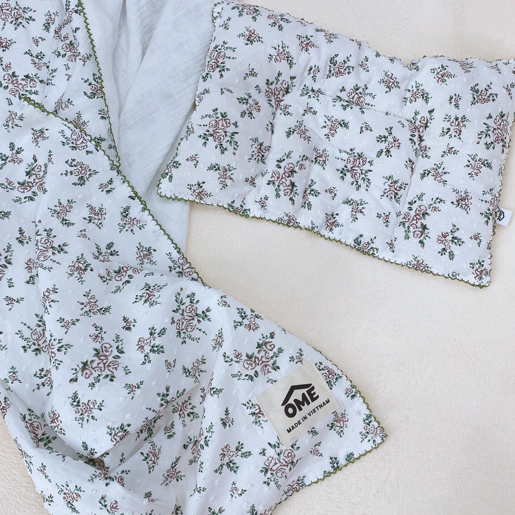 Set chăn gối vải thô họa tiết hoa Vintage cao cấp chính hãng Ome cho bé, mẫu mới nhất 2021 ''Chăn gối cao cấp cho bé''
