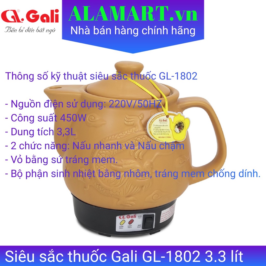 Ấm sắc thuốc điện 3.3 lít Gali GL-1802, siêu sứ tráng men cao cấp - Hàng chính hãng