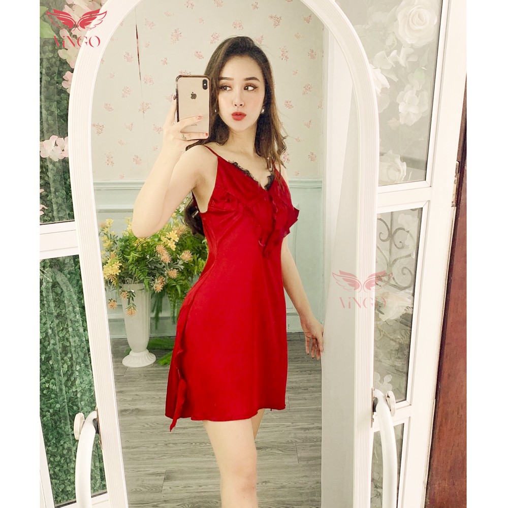 VNGO Váy Ngủ Nữ Hai Dây Lụa Pháp Cao Cấp Ngực Phối Ren Gợi Cảm Sexy N235 Thương Hiệu Vingo | BigBuy360 - bigbuy360.vn