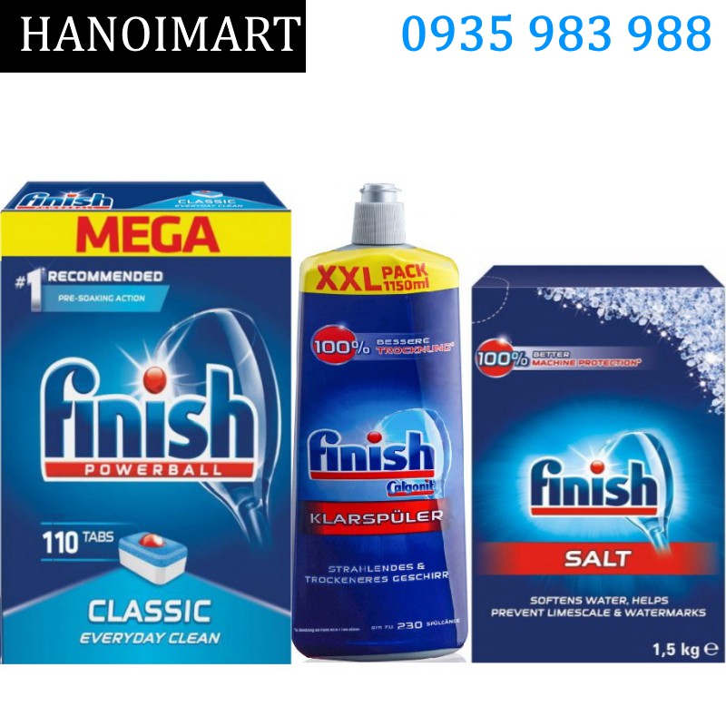 Combo Viên rửa bát Finish 110 viên + Muối rửa bát Finish 1.5kg + Nước làm bóng finish 750ml trợ xả cho máy rửa bát