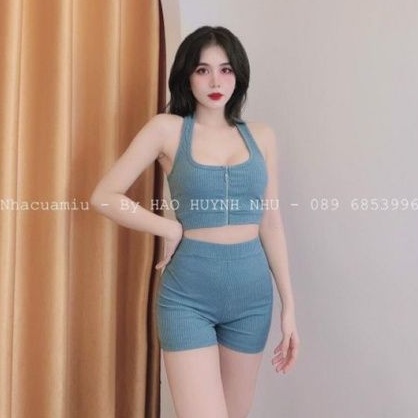 Sét bộ áo zip kéo &amp; quần đùi ôm lưng cao tập gym