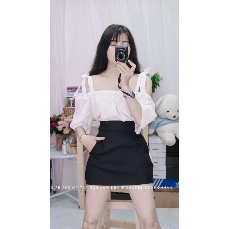 set áo bent vai cột nơ chan váy chữ a