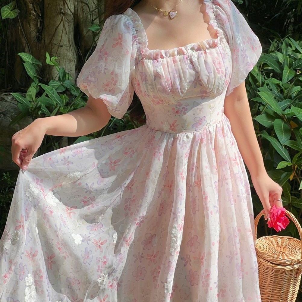 Đầm Chiffon Ôm Eo Thêu Hoa Phong Cách Retro Hàn Quốc
