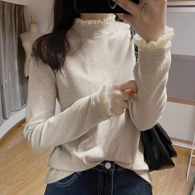 Áo len zip tay phối ren