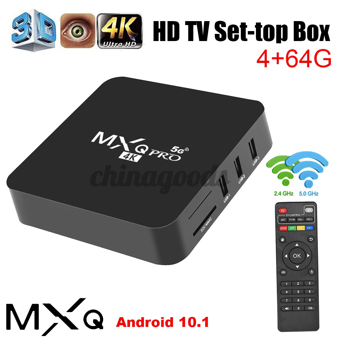 Hộp TV Mxq Pro 4k Android 10.1 5g với 2 băng tần 3D Wifi 4+64gb lõi tứ