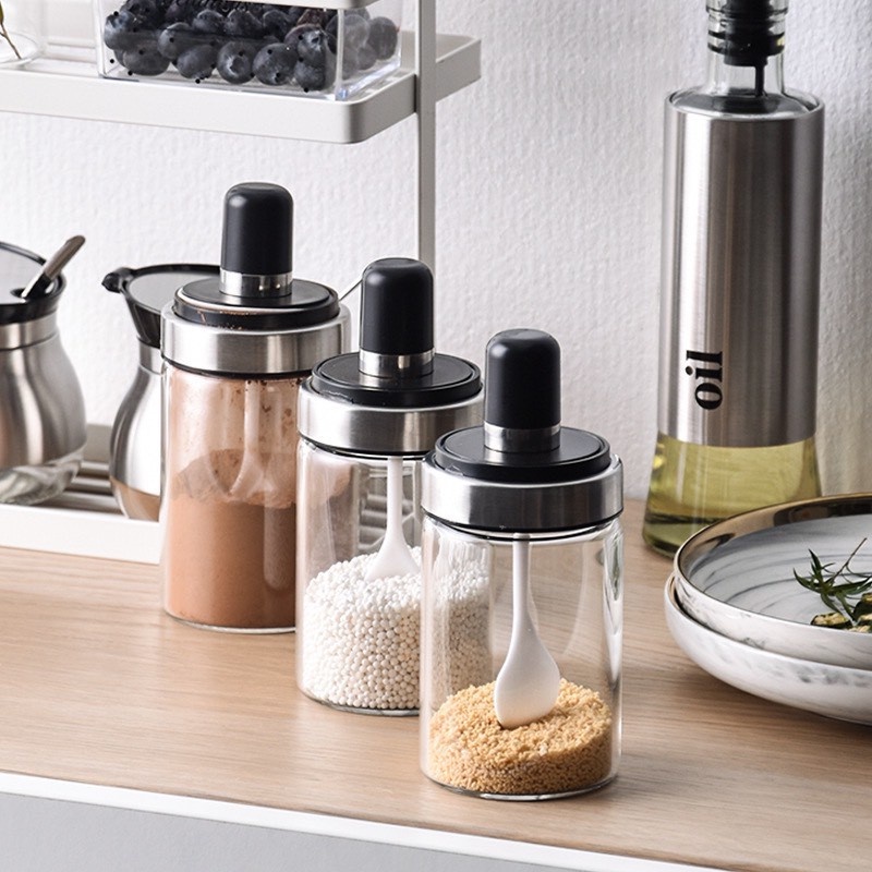 Set 3 hũ thủy tinh đựng gia vị nhà bếp kèm muỗng múc mẫu mới - giúp căn bếp trở nên đồng nhất sang hơn