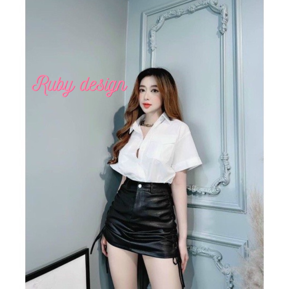 Áo sơ mi kiểu nữ áo sơ mi nữ màu trắng 2 túi ngực tay ngắn vải thô đẹp đi học đi chơi đi làm Ruby design