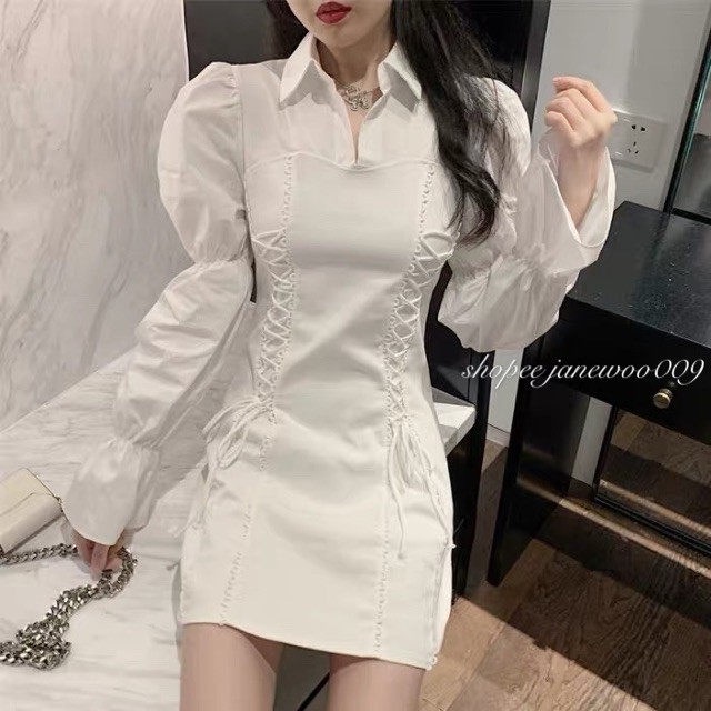 JANE Đầm sơ mi tiểu thư tay dài phồng thiết kế đan dây chéo hiện đại sang trọng D9