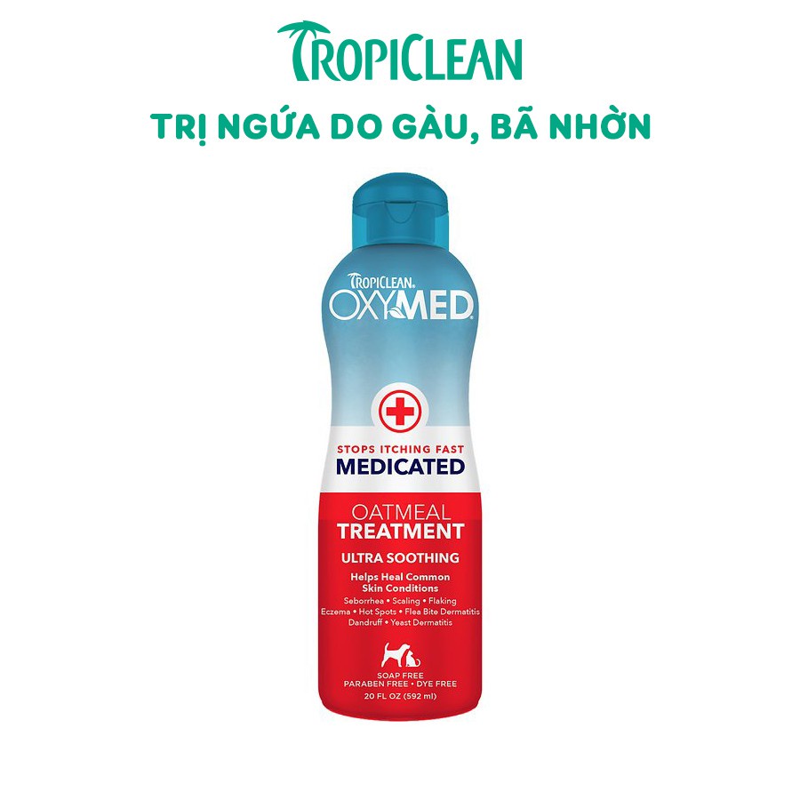 Sữa tắm Tropiclean cao cấp MỹFREESHIP OXYMED Medicated Oatmeal Treatment 592ml làm dịu, chấm dứt cơn ngứa trên chó mèo