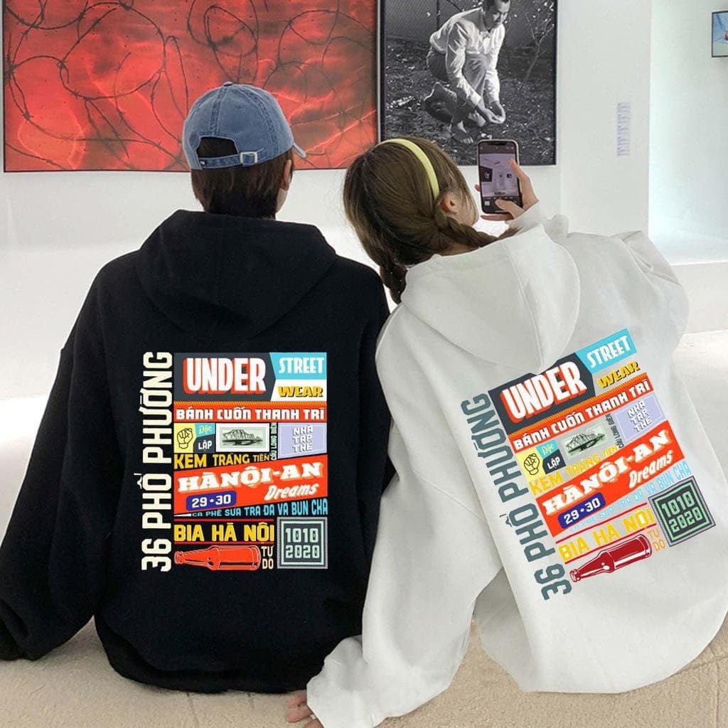 Áo  HOODIE Có Mũ 2 Lớp Chất Nỉ Bông dày dặn in chữ U.N.D.ER Hà Nội, Áo phom Rộng Unisex -In Hình Local Bran