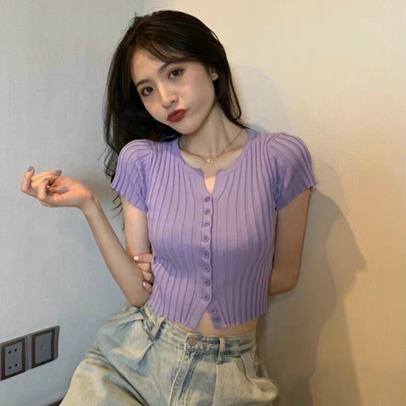 Áo croptop nữ chất len mongtogi gân nhiều khuy hàng Quảng Châu 100% nhiều màu lựa chọn