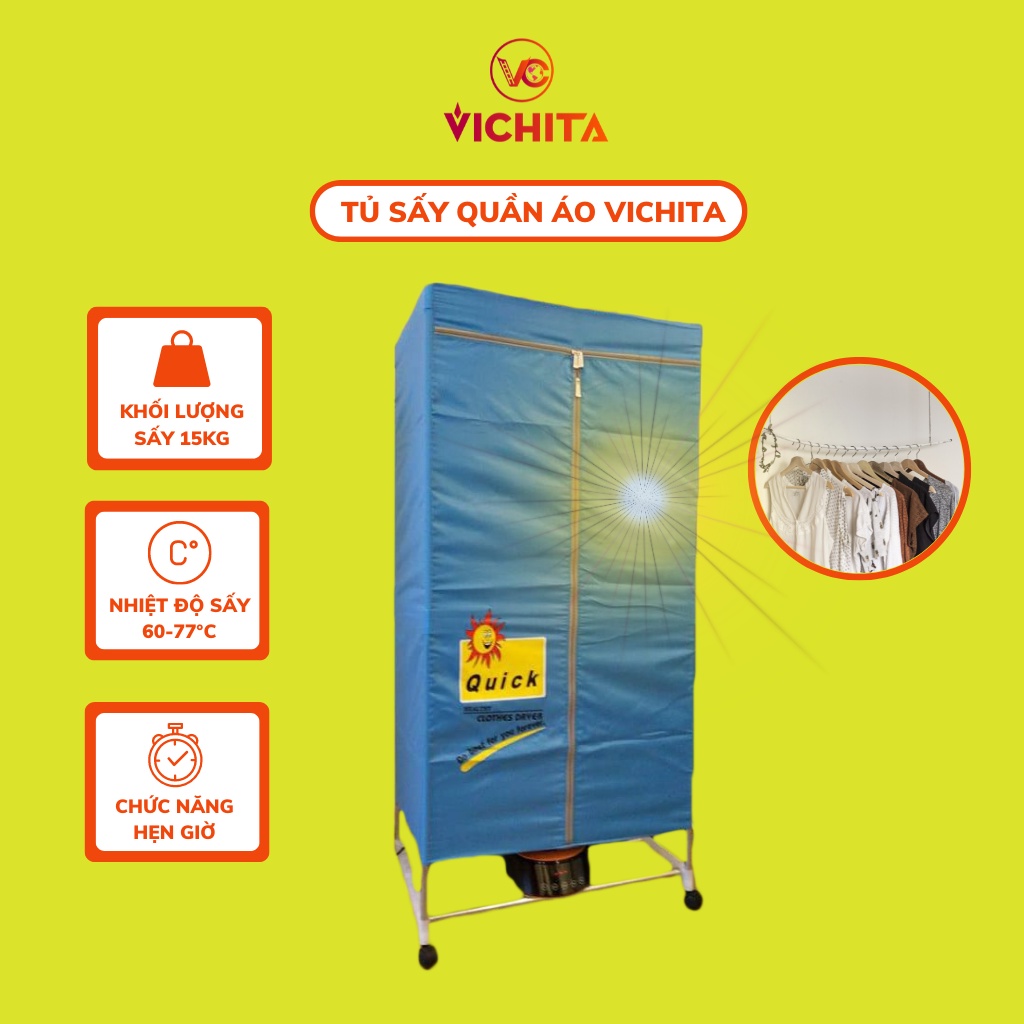 Tủ sấy quần áo Vichita công suất lớn 1500W, máy sấy quần áo có điều khiển từ xa, chức năng hẹn giờ, khử khuẩn kháng mùi