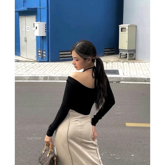 Áo gân cổ yếm tay dài, áo thun trễ vai sexy