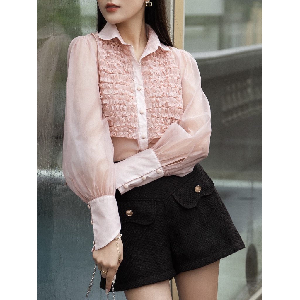 RECHIC Quần Ngắn Owen cạp cao ống rộng có đính nút ngọc chất bố sang trọng thời thượng năng động đi chơi đi tiệc