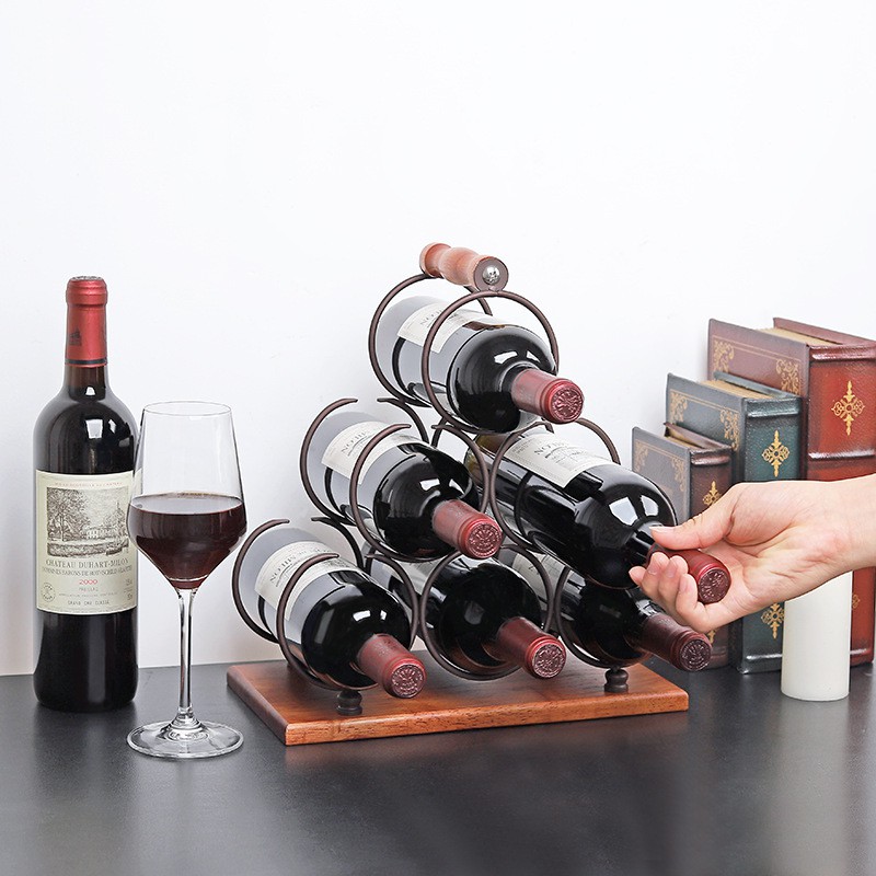 Giá để chai rượu vang bằng kim loại đế gỗ sang trọng, đồ gia dụng EVERGREEN