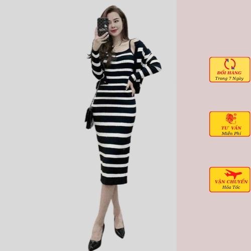 Set áo cardigan len kèm đầm body len 2 dây nữ dáng dài maxi kẻ ngang đen trắng ulzzang Hàn Quốc mùa thu đông