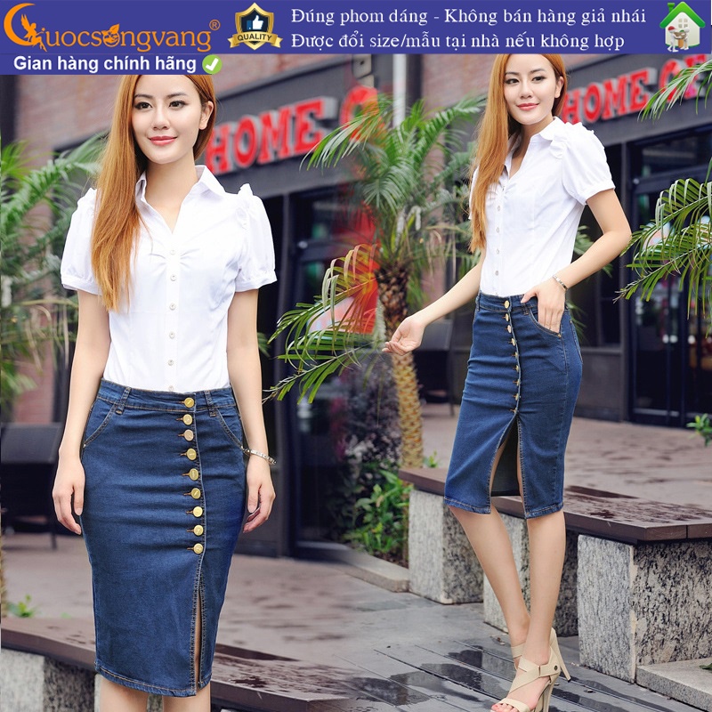 Chân váy công sở chân váy bút chì jeans nhiều nút GLV021 Cuocsongvang