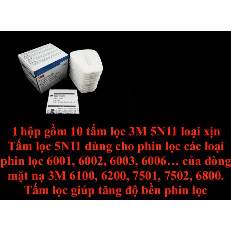 Hộp 10 Tấm lọc bụi Cotton 3M 5N11 N95  dùng cho phin lọc mặt nạ 3M 6200, 3M 6100, 3M 7502, 3M 7501, 3M 6800