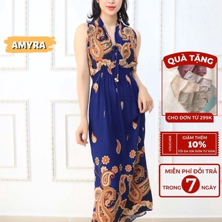 Đầm trung niên maxi họa tiết hoa thổ cẩm đi biển AMYRA - Váy trung niên maxi lanh đi biển mặc nhà cho mẹ Mx106