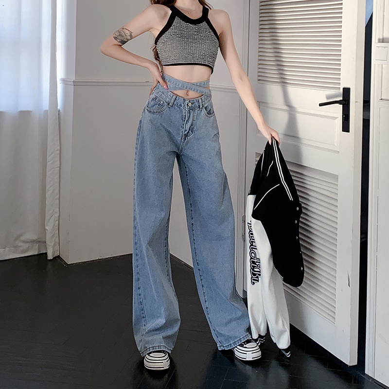 【ZHELIHANGFEI】Quần Jean Ống Rộng Lưng Cao Cá Tính Trẻ Trung