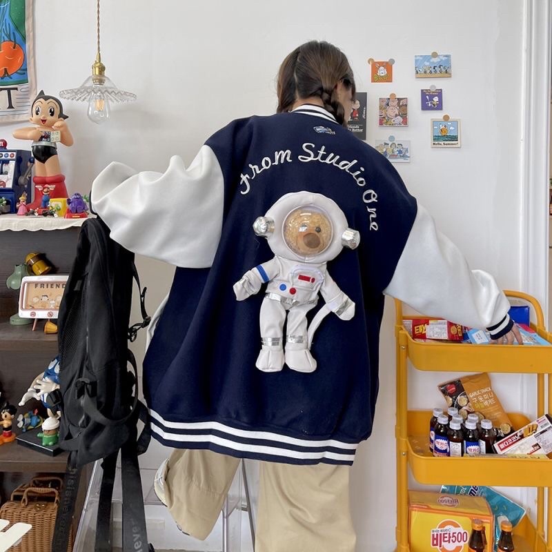 Áo khoác bomber nữ kèm gấu bông gắn áo ( ảnh thật )