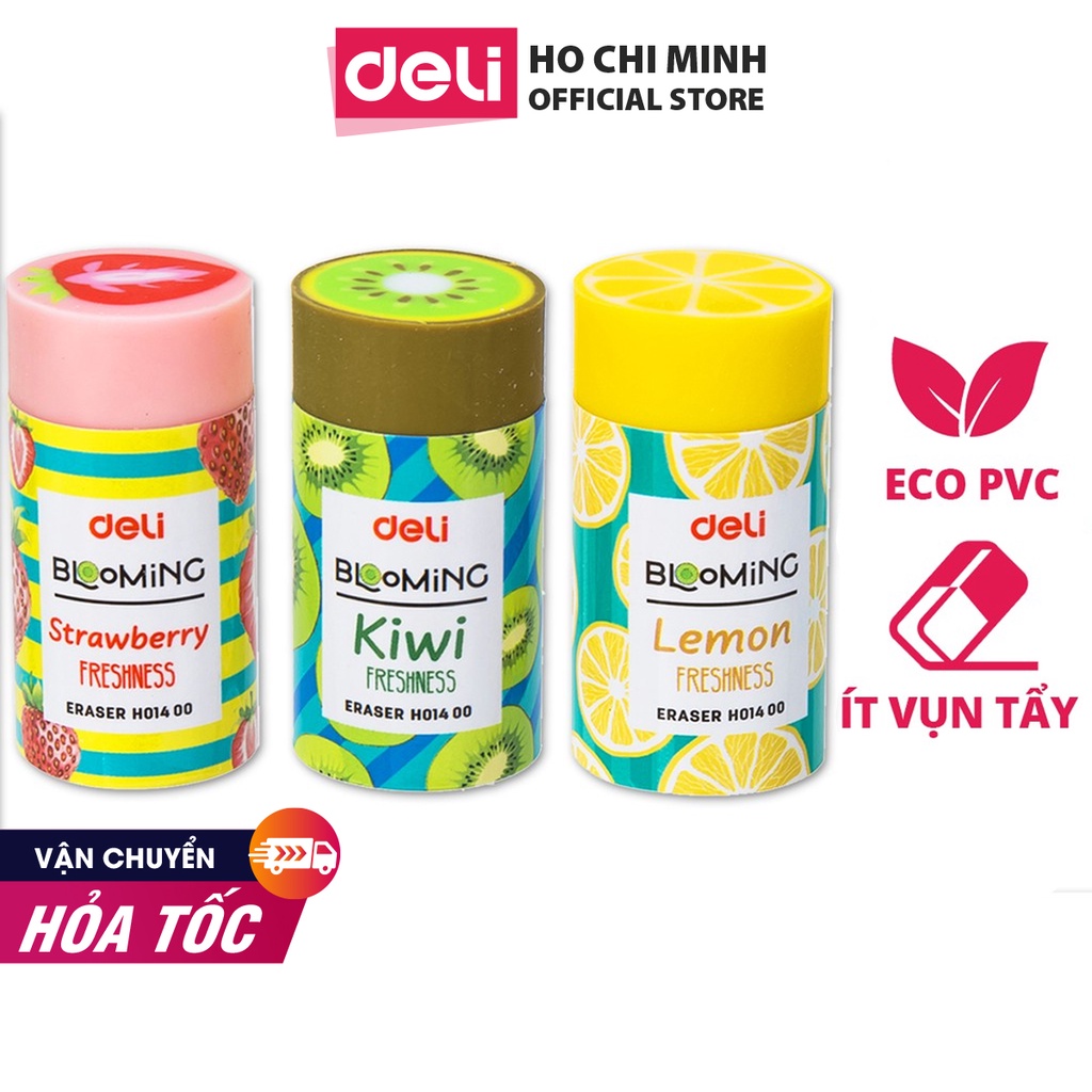 Combo 3 Tẩy 2B Deli Họa tiết hoa quả xinh xắn cute dễ thương Kiwi/Dâu/Chanh tẩy sạch ít vụn tẩy khi sử dụng EH01400-3C