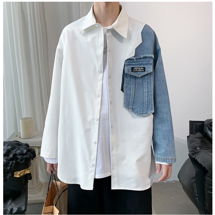 Áo Sơ Mi Nam Dài Tay Phối Jeans Ngực Phong Cách Unisex Cực Cá Tính Dành Cho Nam