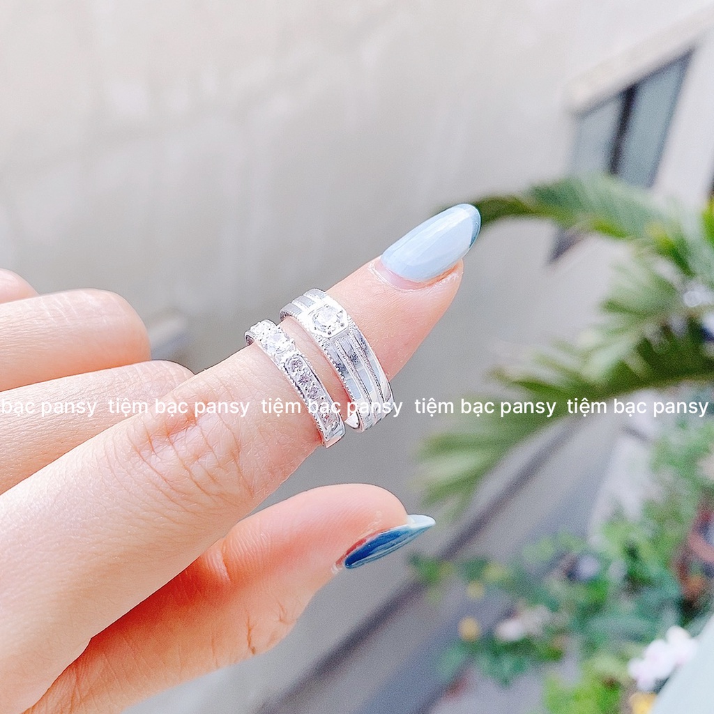 Nhẫn đôi bạc nam nữ PANSY khắc tên miễn phí, nhẫn cặp bạc nạm đá lấp lánh