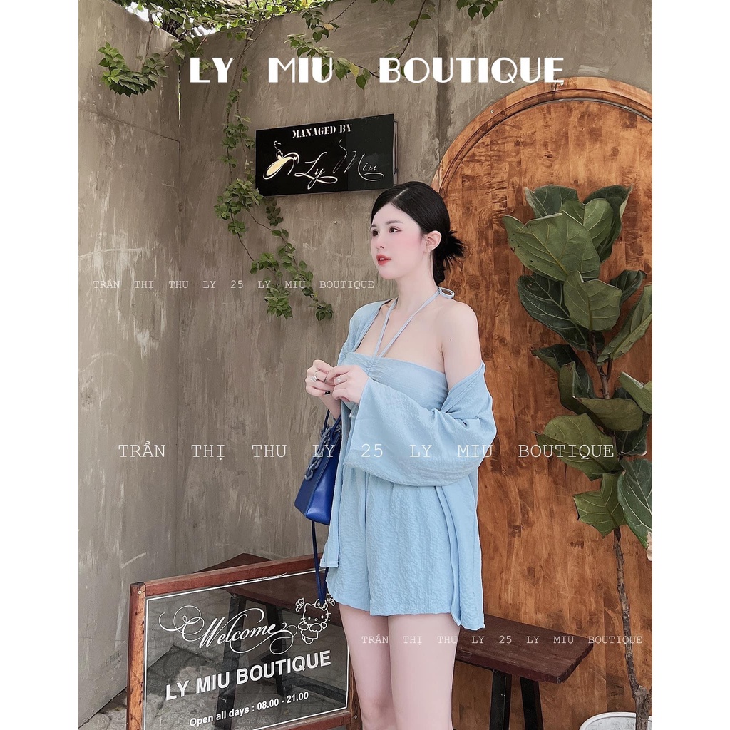 Set 3 món đi biển xanh áo sơ mi kèm bra quần short đùi BN844