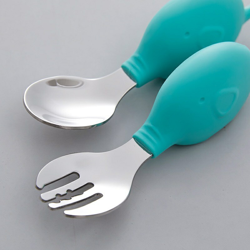 Hộp Thìa + Dĩa Tập Xúc Cho Bé Ăn Dặm Bằng Inox Cán Hình Voi