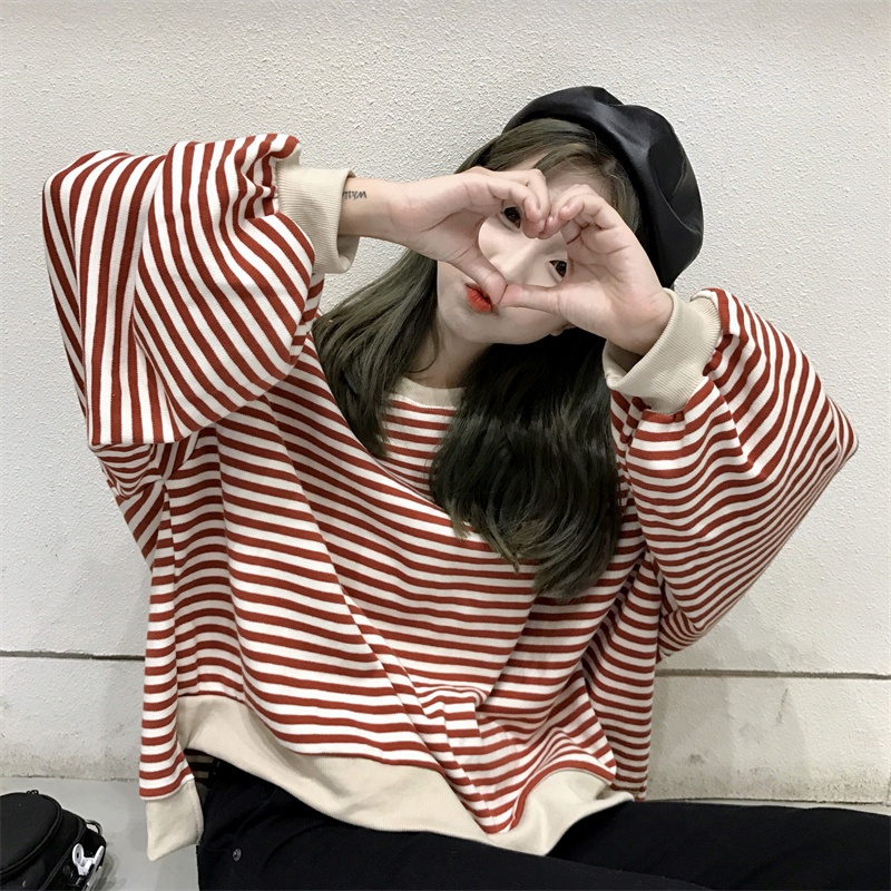 【ZHELIHANGFEI】Áo Thun Tay Dài Giả Hai Lớp Họa Tiết Kẻ Sọc Phong Cách Cá Tính