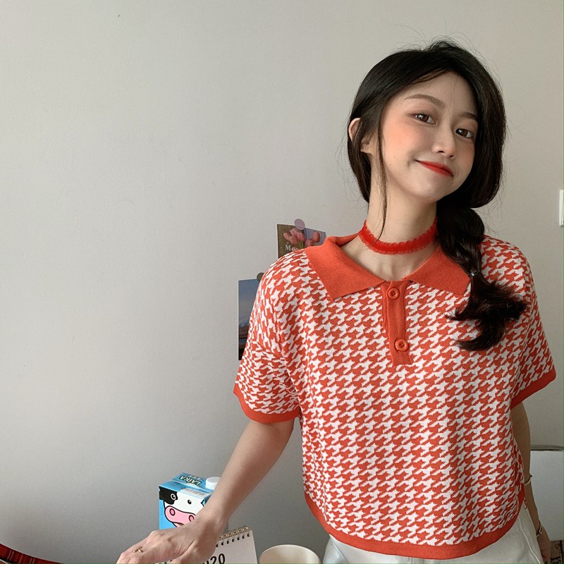 Áo Croptop Dệt Kim Tay Ngắn Dáng Rộng Cổ Bẻ 2 Màu Phong Cách Hàn Quốc Thời Trang Cho Nữ B-12