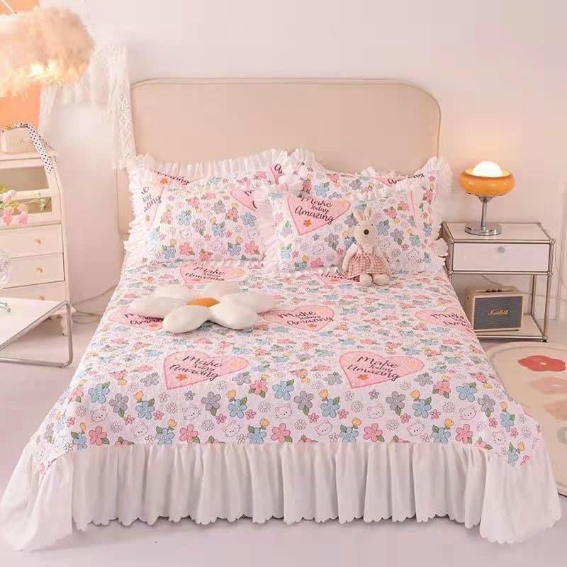 Bộ Ga Gối Cotton Trần Bèo Siêu Xinh-Ga Phủ Bèo Kèm 2 Vỏ Gối Đầu Chất Cotton Thoáng Mát Sẵn Đủ Kích Thước