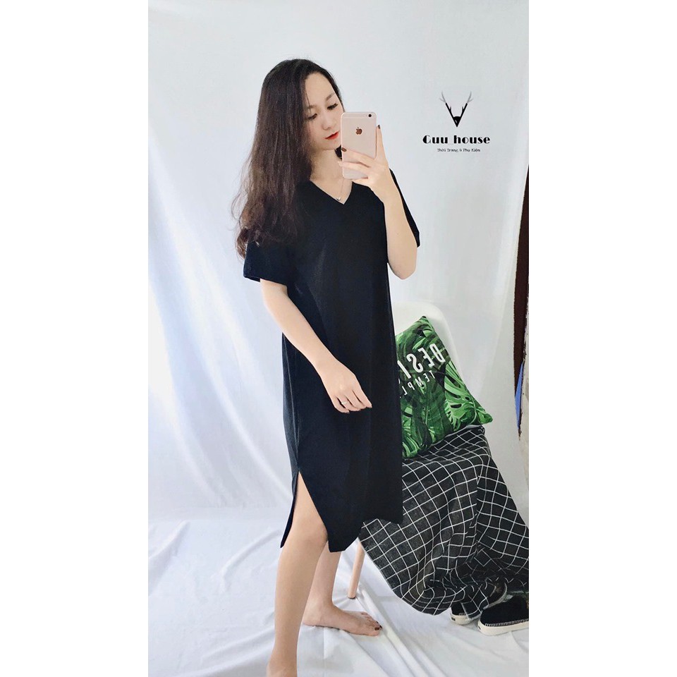 Đầm suông nữ Shynstores - váy xuông cotton trơn cổ tim basic vải đẹp form rộng freeship | BigBuy360 - bigbuy360.vn