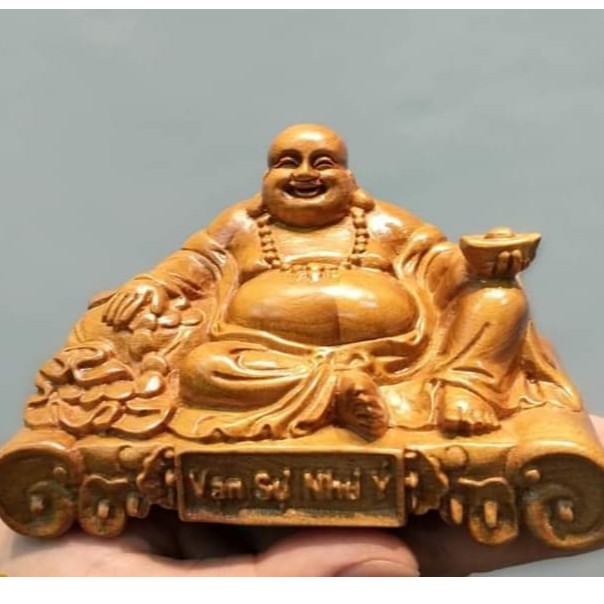 Tượng Phật Di Lặc Vạn Sự Như Ý Mini để ô tô, bàn làm việc gỗ bách xanh