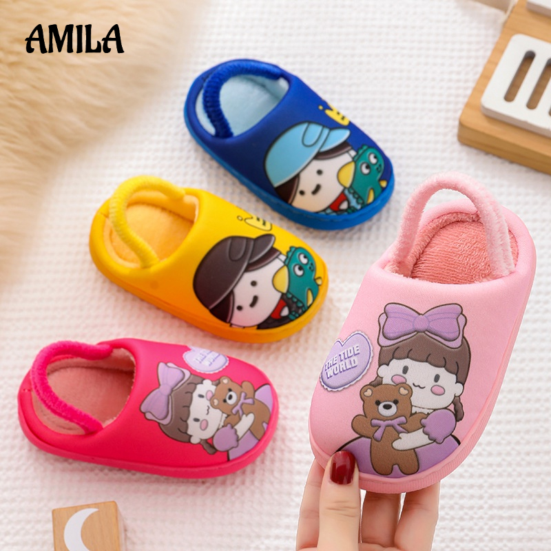Dép cotton AMILA đi trong nhà đế mềm chống trượt hình dễ thương thời trang thu đông cho bé trai và gái