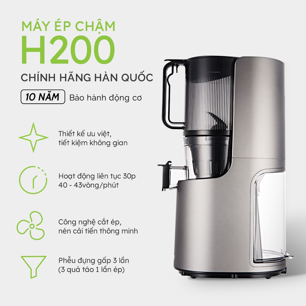 Máy ép trái cây chậm HUROM H200 ép nước hoa quả rau củ nhiều hơn 20% - Bảo hành điện tử chính hãng Hàn Quốc 10 năm