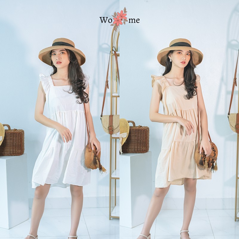 Váy đầm babydoll dáng dài xoè qua gối dự tiệc màu trắng đen be phong cách ulzzang WOME - VBDL2 | BigBuy360 - bigbuy360.vn