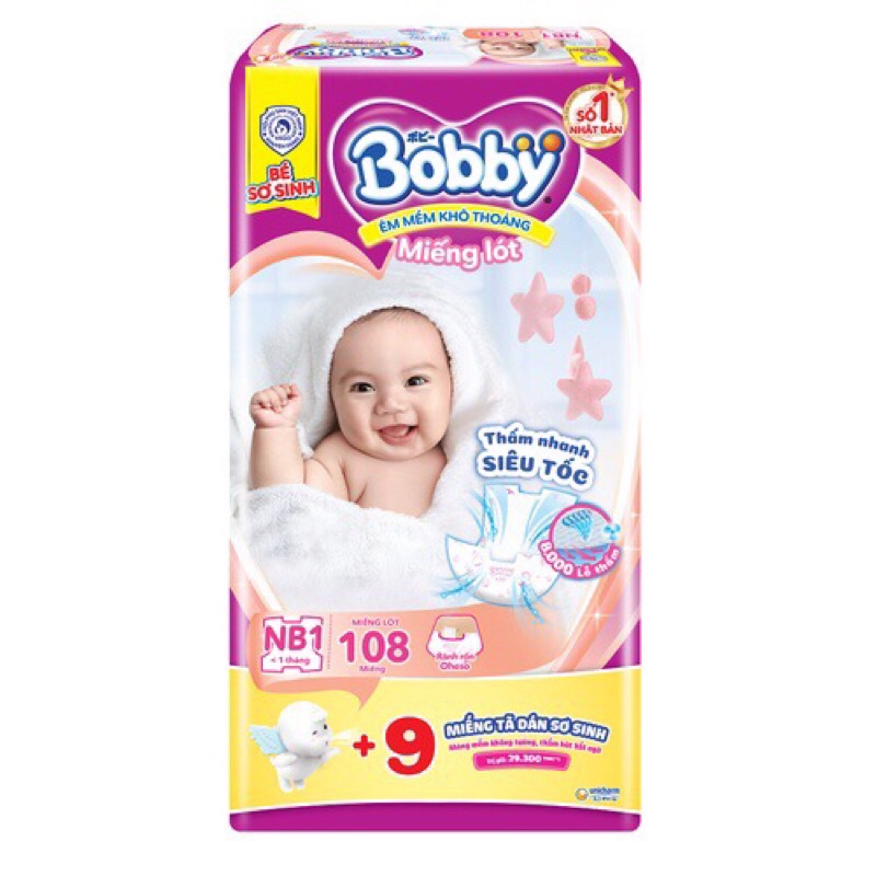 [HÀNG TẶNG] Miếng lót Bobby Newborn 1 - 108m (tặng 9m dán xs)/ Newborn 2 - 60m (tặng 6M)